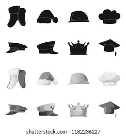 Vector design of headgear and cap symbol. Collection of headgear and accessory stock vector illustration.