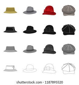 Vector design of headgear and cap symbol. Set of headgear and accessory stock vector illustration.
