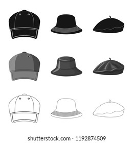 Vector design of headgear and cap symbol. Collection of headgear and accessory vector icon for stock.