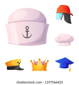 Vector design of headgear and cap symbol. Set of headgear and accessory stock vector illustration.