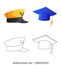 Vector design of headgear and cap symbol. Set of headgear and accessory stock vector illustration.