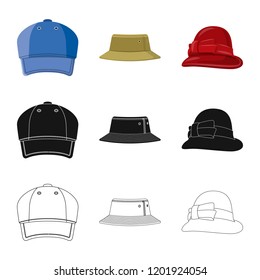 Vector design of headgear and cap symbol. Collection of headgear and accessory stock symbol for web.