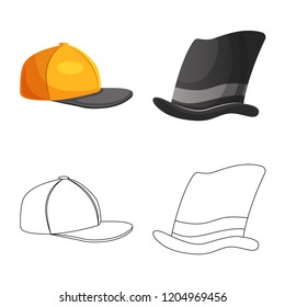 Vector design of headgear and cap symbol. Set of headgear and accessory stock vector illustration.