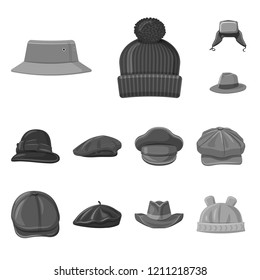 Vector design of headgear and cap symbol. Collection of headgear and accessory vector icon for stock.