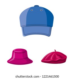 Vector design of headgear and cap symbol. Set of headgear and accessory stock vector illustration.