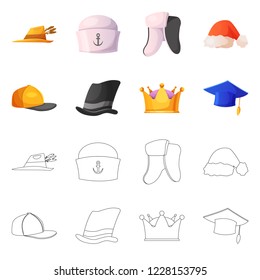 Vector design of headgear and cap symbol. Collection of headgear and headwear stock symbol for web.