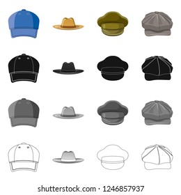 Vector design of headgear and cap symbol. Collection of headgear and accessory vector icon for stock.