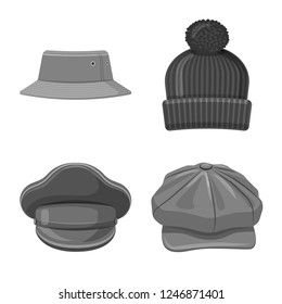 Vector design of headgear and cap symbol. Set of headgear and accessory stock vector illustration.