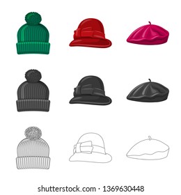 Vector design of headgear and cap symbol. Set of headgear and accessory stock vector illustration.
