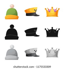Vector design of headwear and cap sign. Collection of headwear and accessory stock vector illustration.