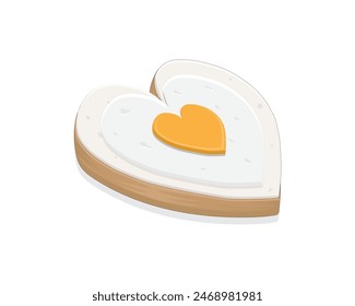 vector design of a heart or love shaped bread with isometric angles so it looks like a 3 dimensional object and on top of the bread there is a fried egg which also has the same white and yellow shape 