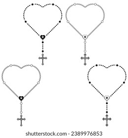 Vector design of heart shaped rosary, rosary with Christian cross, symbol of Catholic religion