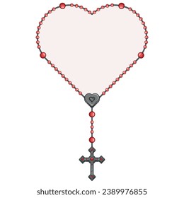 Vector design of heart shaped rosary, rosary with Christian cross, symbol of Catholic religion