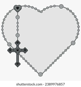 Vector design of heart shaped rosary, rosary with Christian cross, symbol of Catholic religion