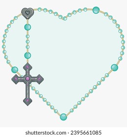 Vector design of heart shaped rosary, rosary with Christian cross, symbol of Catholic religion