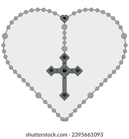 Vector design of heart shaped rosary, rosary with Christian cross, symbol of Catholic religion