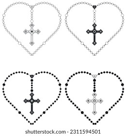 Vector design of heart-shaped rosary, rosary with Christian cross, symbol of the Catholic religion