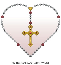 Vector design of heart-shaped rosary, rosary with Christian cross, symbol of the Catholic religion