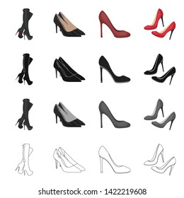 Vector design of heel and high logo. Collection of heel and stiletto stock symbol for web.