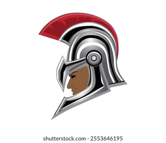 vector design of a helmet made of steel with red feathers on the top which was usually used by ancient soldiers or knights such as Roman or Spartan soldiers