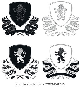 Diseño vectorial del escudo heráldico de la Edad Media, escudo noble de la monarquía europea con león desenfrenado, corona laurel y cinta adhesiva