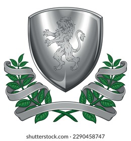 Diseño vectorial del escudo heráldico de la Edad Media, escudo noble de la monarquía europea con león desenfrenado, corona laurel y cinta adhesiva