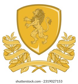 Vector design of heraldic shield of the Middle Ages, noble shield of the European monarchy with rampant lion, laurel wreath and ribbon