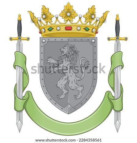 Vector design of heraldic shield of the Middle Ages, noble shield of the European monarchy with rampant lion, crowns, ribbon and swords