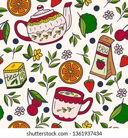 Vector design with herbal and fruit tea ingredients. Hand drawn sketch collection. Seamless patterns.