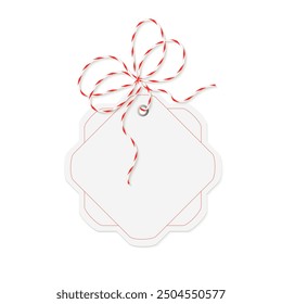 Vector design of a hexagonal price tag with a red string bow and red outline.