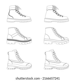 Diseño vectorial de la bota de senderismo. Colección de ilustración vectorial de calzado con vista lateral.