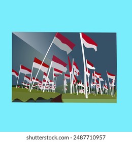 vector design, hill view with many red and white flags to commemorate Indonesian independence day