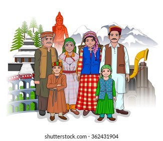 Vector design of Himachali family showing culture of Himachal Pradesh, India