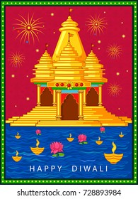 Diseño de Vector del templo hindú Diwali decorado diya para el festival de la luz de la India en estilo de arte indio