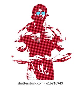 Vector design hipster bodybuilder. Huge guy. Beard, glasses, biceps, chest. Dotted technique. Pop art style. Print, poster, gym label. T-shirt design.