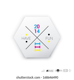 Vector design. Hipster cmyk edition of a minimal scalable abstract geometric hexagon shape textbox with an artistic background. Layout element for web, brochure, presentation or infographics.