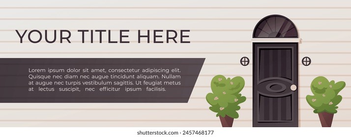 Anuncio Horizontal de la publicidad de la historieta del diseño del Vector, ilustración de la puerta de entrada de la casa en la pared de un edificio residencial, arbustos decorativos de la calle con las flores.