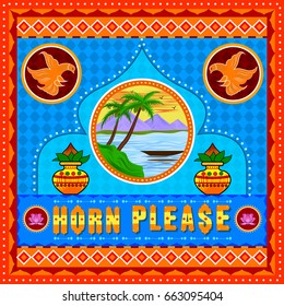 Vector design of Horn Please background in Indian Truck Art style