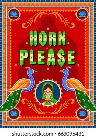 Vector design of Horn Please background in Indian Truck Art style