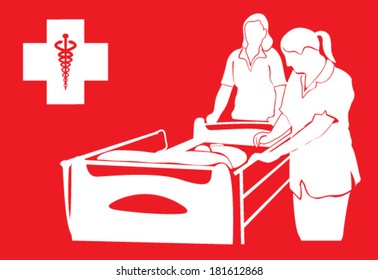 Vector design of hospital bed and nurses caring in hospital.
