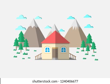 Vector design House with mountain There are trees and clouds.