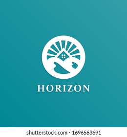Vector design of a house on a mountain with a sun shining. Minimalist style, flat, simple.