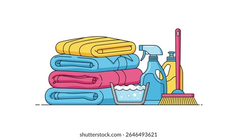 Projeto vetorial de materiais de limpeza domésticos com toalhas empilhadas e solução de limpeza