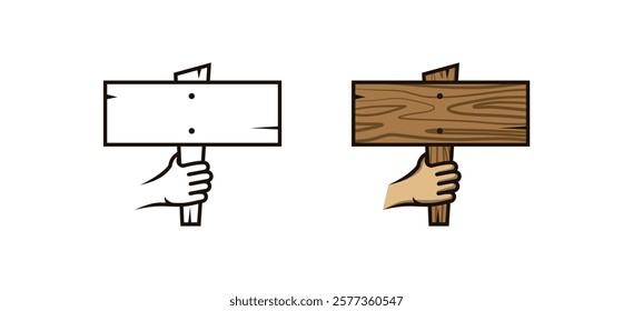 Vector design Human hand holding blank wooden board sign placard