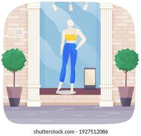 Vector design of human mannequin for women's clothes showcase. Female figure full length fashion clothing store equipment on blue background. Human body replica to show model clothes. Dress shop