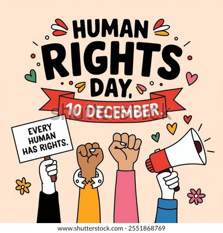 vector design for Human Rights Day, featuring a raised fist, a protest sign, and a megaphone with floral accents.