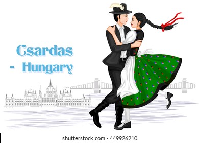 Vector design of Hungarian Couple performing Csardas dance of Hungary