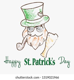 Vector design icon on Saint Patrick's Day character leprechaun with green hat, red beard, smoking pipe and no face. Vector illustration for print