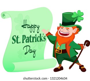 Vector design icon on Saint Patrick's Day character leprechaun with green hat, red beard. Vector illustration for print. Greeting card illustration