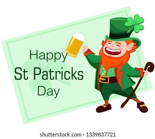Vector design icon on Saint Patrick's Day character leprechaun with green hat, red beard. Vector illustration for print. Greeting card illustration